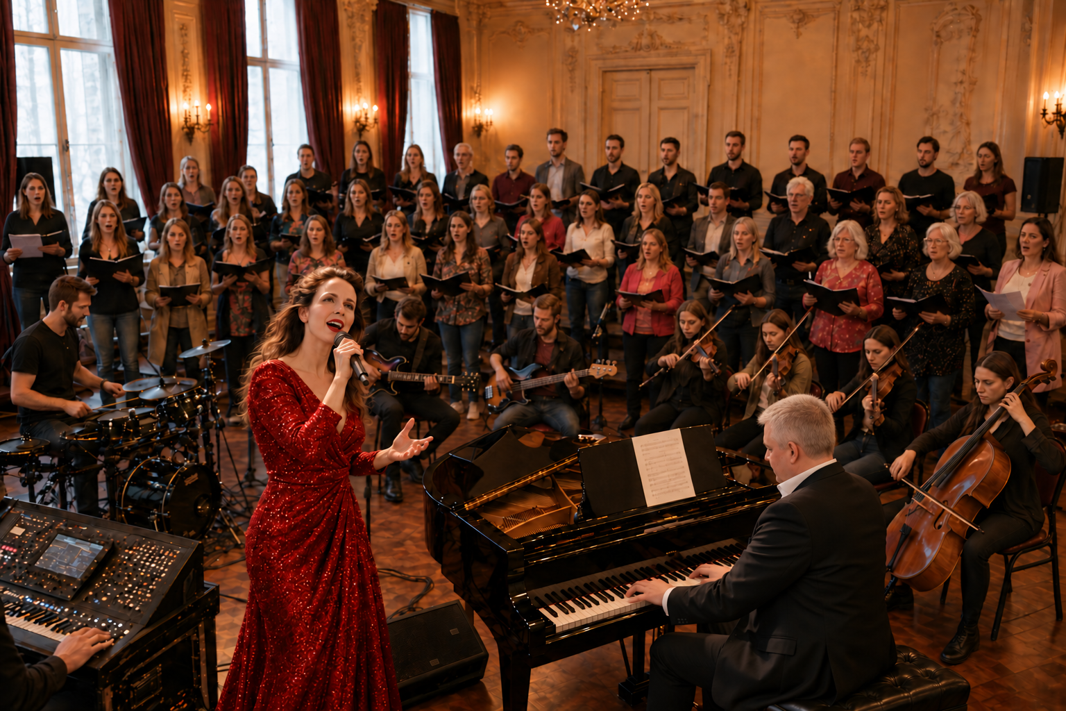 Gestaltetes Chormotiv: Sara Dähn singt vor dem Chor, Thomas Blaeschke liest die Noten am Klavier